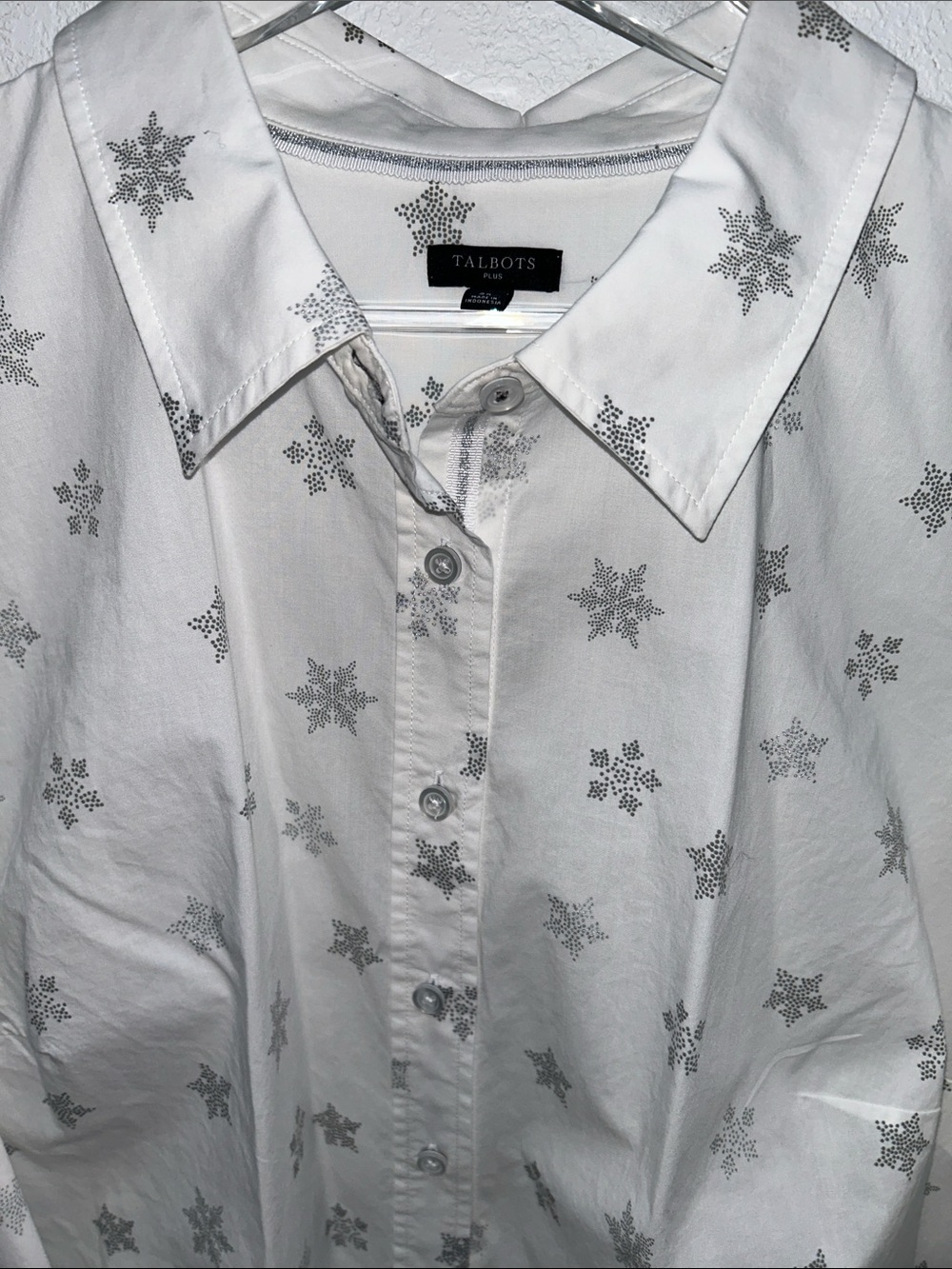 Talbots Plus Grey Snowflakes White Cotton Long-Sleeve Button-Down Shirt 2X EUC